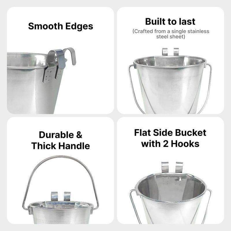 PetYupp Heavy Duty Stainless Steel Flat Side Bucket w/Hooks 1.5 Gallon - 6 Quart Metal Bucket for Feeding & Watering Pets, Livestock & Cleaning - Perfect for Crates, Kennels, Cages & Hang on Fences - Image 3